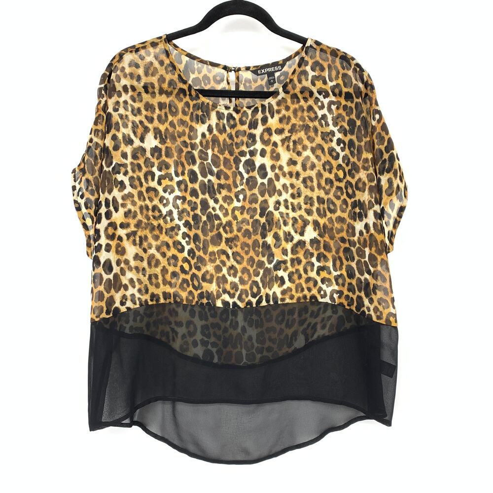 Express Oversized Sheer Boxy Short Sleeve Top Womens Size M Leopard Print Black